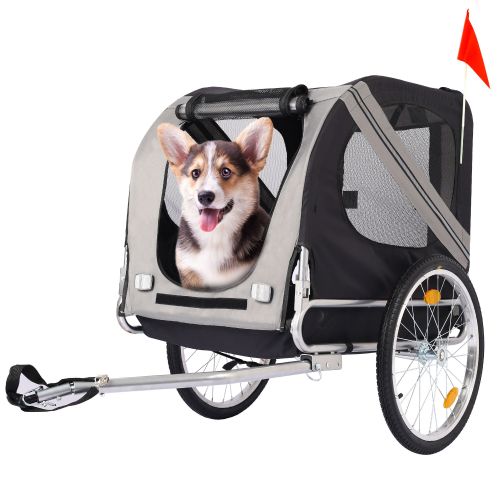 Dog Bike Trailer, Breathable Mesh Dog Cart with 3 Entrances, Safety Flag, 8 Reflectors, Folding Pet Carrier Wagon with 20 Inch Wheels